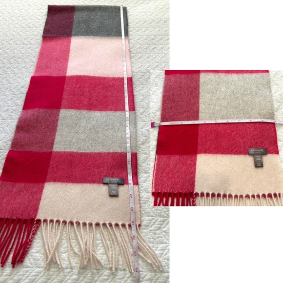 NWOT CHARTER CLUB 100% Cashmere Scarf Red/Pink/Grey/Ivory Black Plaid 10”x62” - Picture 9 of 12